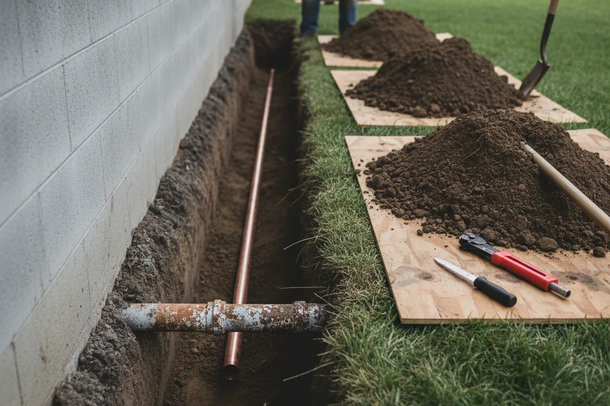Excavated water line trench during Water Softener Installation in Williamstown